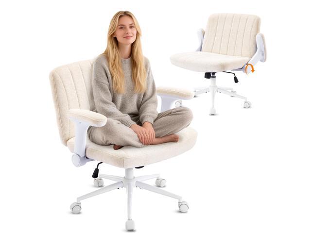 Criss Cross Chair with Adjustable Flip-Up Arms,Cross Legged Chair with Wheels, Extra Wide Office Chair,Cozy Desk Chair for Home Office, Vanity,...