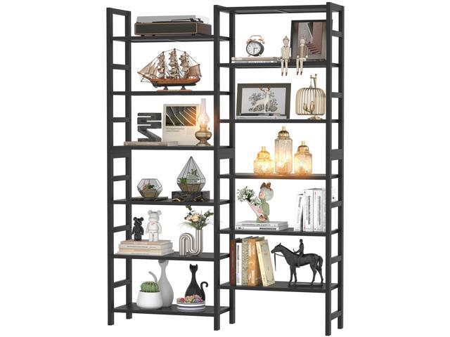 Double Wide Bamboo Bookshelf Black, 6-Tier Large Open Bookcase with 12 Display Shelves, 6ft Tall Freestanding Book Shelf for Home Office, Bedroom,.