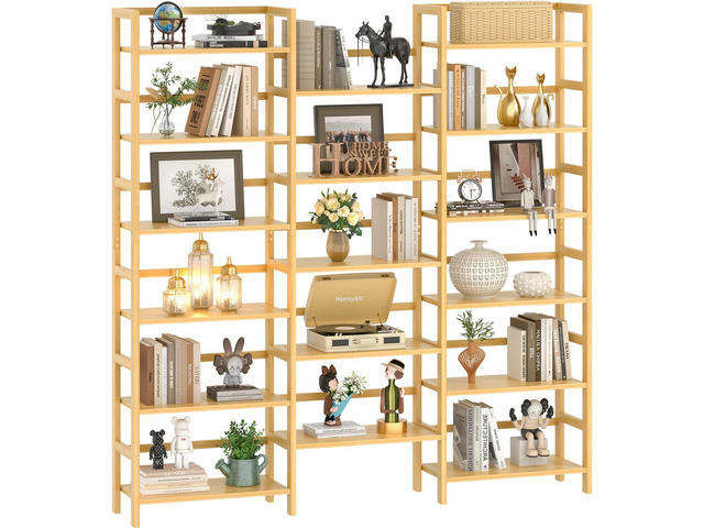 Bamboo Bookshelf, 71 Tall Triple Wide Bookcase with 17 Open Storage Shelves, 6-Tier Etagere with Back Rails, Large Display Shelf for Books, Plants,...