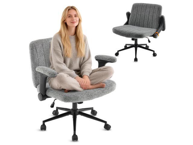 Criss Cross Chair with Adjustable Flip-Up Arms,Cross Legged Chair with Wheels, Extra Wide Office Chair,Cozy Desk Chair for Home Office, Vanity,...