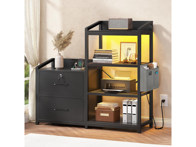 35.4 File Cabinet, Filing Cabinet fits Letter/A4 Size, 2 Drawe File Cabinets for Home Office with Power Strip, LED Lights, Lock, Open Shelf, Black