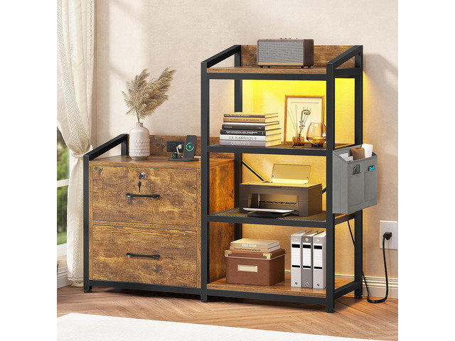 35.4 File Cabinet, Filing Cabinet fits Letter/A4 Size, 2 Drawe File Cabinets for Home Office with Power Strip, LED Lights, Lock, Open Shelf, Rustic...