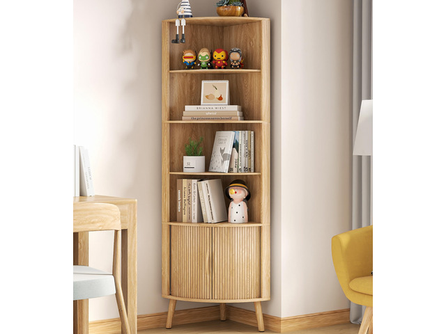 5-Tier Corner Shelf, 66.73''Tall Modern Corner Bookshelf, 5 Shelf Bookcase with 2 Fluted Doors, Freestanding Wood Corner Display Storage Shelf...