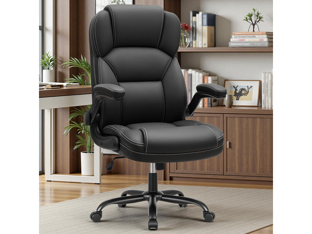 PU Leather Office Chair, Ergonomic High-Back Desk Computer & Gaming Chair with Adjustable Height, Rolling Swivel & Flip-Up Armrests, Comfy Padded...