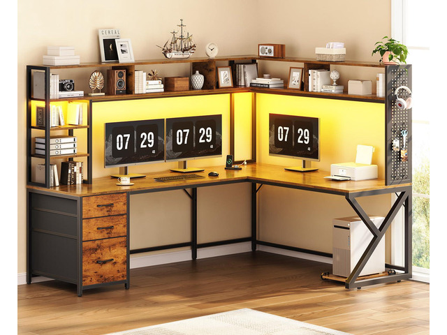 L Shaped Desk with Hutch and 3 Drawers, Convertible 94.5' Computer Desk with File Drawer, L Shaped Office Desk with Power Outlet, LED Lights,...
