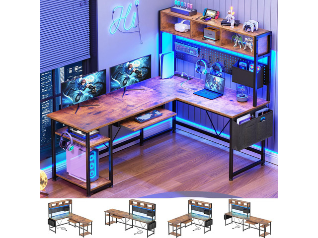 L Shaped Gaming Desk with Hutch, 57.5 Reversible Corner Computer Desk with Storage Shelves, Gaming Desk with Pegboard, LED Lights, Power Outlet,...