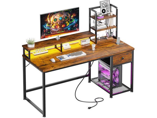 44 Inch Computer Desk with Hutch and Drawers,Reversible Home Office Desk with Monitor Shelf,Small Gaming Desks with USB Power Outlets,Writing Table...