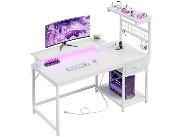40' Computer Desk with Drawer & Storage Shelves, Gaming Desk with Monitor Stand, LED Lights & Power Outlets for Living Room, Study Room, Bedroom,...