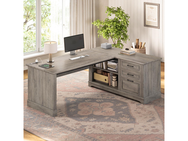 Executive Desk, 61' Farmhouse L Shaped Desk with File Drawers, Office Desk with Drawers and Power Outlets, Computer Desk with Storage Shelves for...