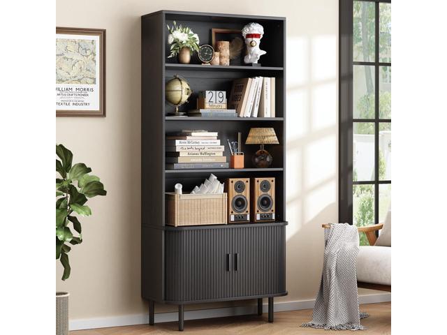 71' Tall Bookshelf, 4-Tier Bookcase with Storage Cabinet & Adjustable Shelves, Floor Standing Wooden Bookshelf with Sliding Door and Adjustable.