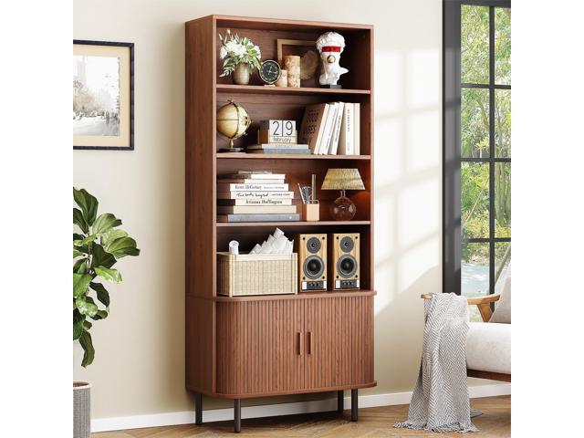 71' Tall Bookshelf, 4-Tier Bookcase with Storage Cabinet & Adjustable Storage Shelf, Freestanding Wood Bookshelf with Sliding Door and Adjustable.