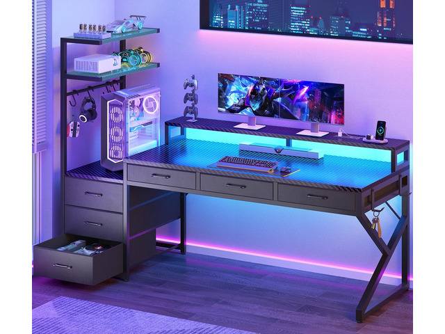 55' Gaming Desk with 6 Drawers, Corner Gaming Desk with Storage & LED Lights, Reversible PC Desk with Power Outlet, Corner Computer Desk with...