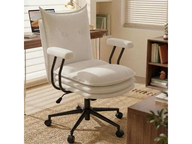 White Leather Office Chair with Triple-Layer Seat, Home Desk Chair Comfy 7.3-inch Thick Cushion, Mid Back Ergonomic Support for Long Hours,...