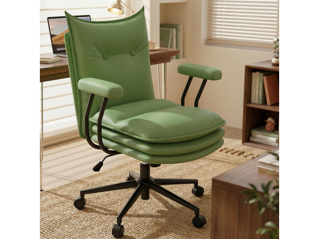 Sage Green Office Chair with Triple-Layers Thicken Wide Seat, Mid Back Leather Desk Chair with Wheels and Arms, Mid-Century Modern Computer Chair...
