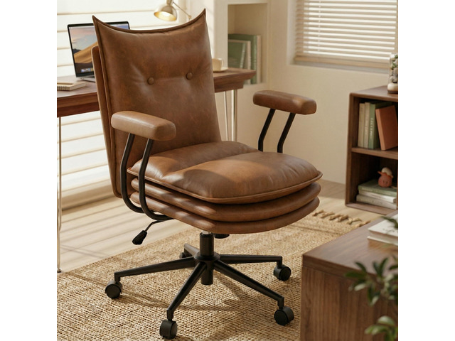 Brown Leather Office Chair with Triple-Layer Seat, Home Desk Chair Comfy 7.3-inch Thick Cushion, Mid Back Ergonomic Support for Long Hours,...