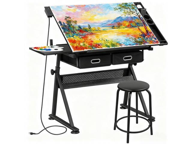Adjustable Drafting Table with Stool, Tilting Drawing Desk Artist Table with Storage Drawers, Art Craft Workstation for Home Office Reading,...