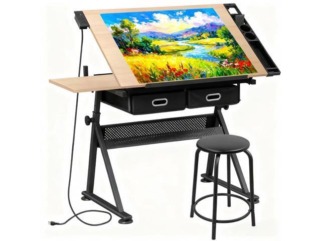 Adjustable Drafting Table with Stool, Tilting Drawing Desk Artist Table with Storage Drawers, Art Craft Workstation for Home Office Reading,.