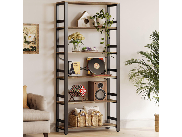 Bookshelf, 31.5in Wide Shelf 6 Tier Bookcase, 110lbs/shelf Vintage Industrial Style Bookshelves for Bedroom, Living Room and Home Office,...
