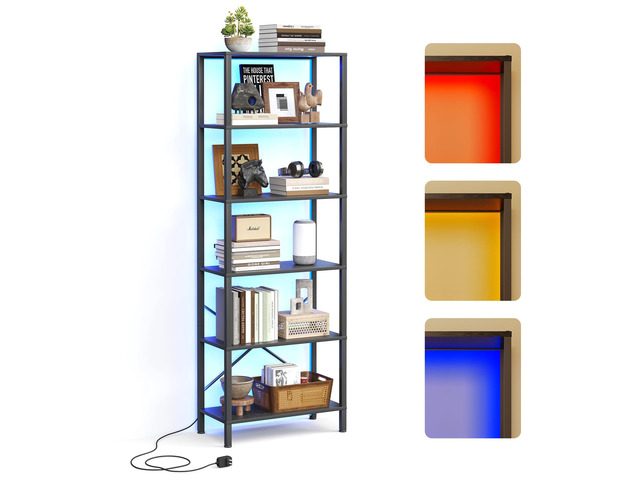 6-Tier Bookshelf, Tall Bookcase with LED Lights, Book Shelf with Steel Frame, 11.2' x 23.6' x 65.4', Display Storage Shelf for Living Room,...