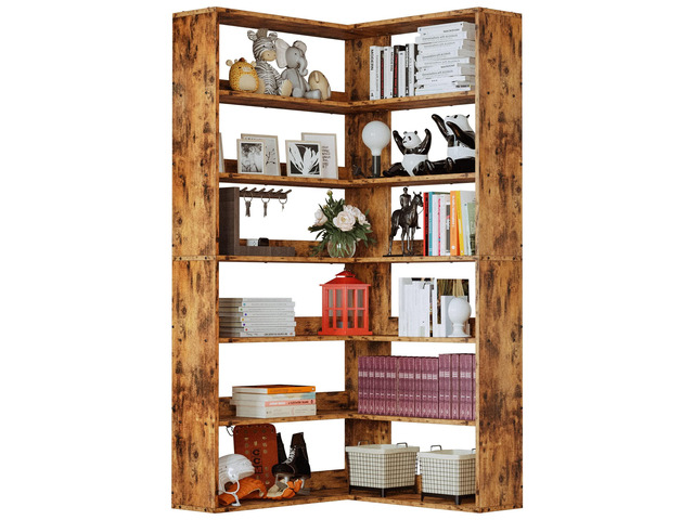 Corner Bookshelf 6-Tier L-Shaped Industrial Corner Bookcase with Side Baffles, Large Storage Display Shelf for Living Room, Home Office