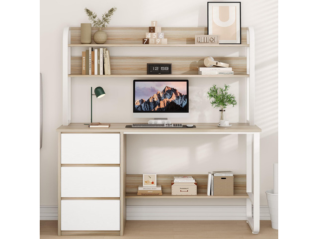 Computer Desk with 3 Drawers and Shelves, 55 Inch Desk with Hutch for Small Spaces, Study Writing Desk with Shelves for Bedrrom, Adjustable Feet,...