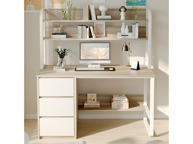 Computer Desk with Hutch, 47 Inch Small Desk with 3 Drawers for Bedroom, Study Writing Desk with Shelves for Small Spaces, Adjustable Feet, Light...