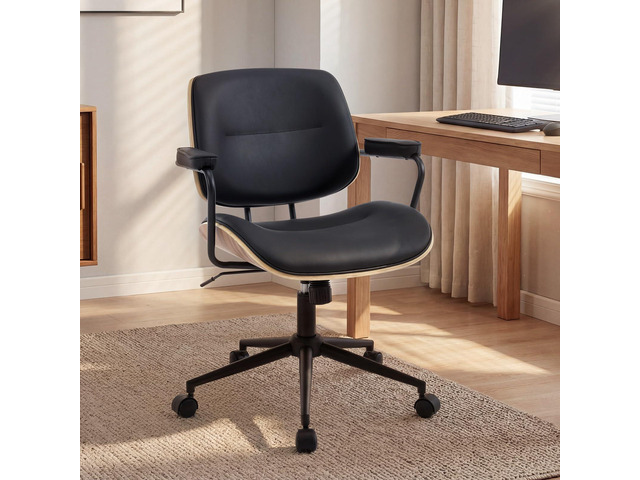 Mid Century Walnut Office Chair with Arms, Adjustable Swivel Desk Chair, Leather Computer Chair with Rolling Wheels for Home Office or Study Room,...
