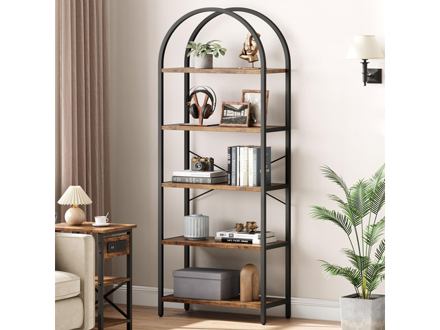 Bookshelf 5 Tier Bookcase Arched Display Racks Tall Standing Bookshelves Metal Frame Modern Storage Rack Shelf Large Wood Book Shelf for Bedroom,...