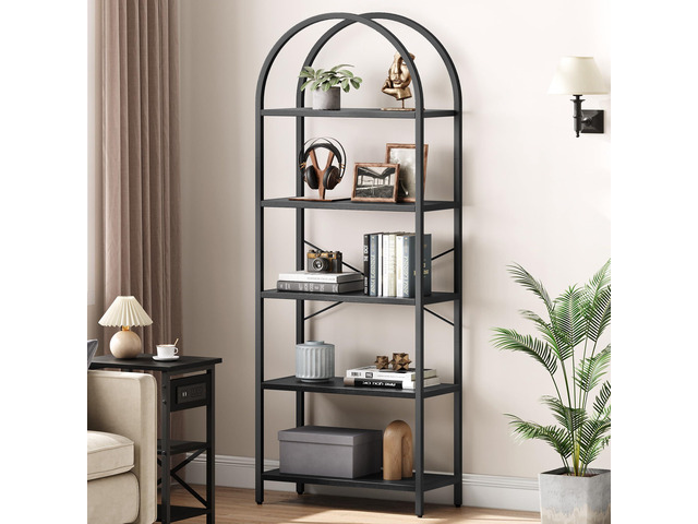 Bookshelf 5 Tier Bookcase Arched Display Racks Tall Standing Bookshelves Metal Frame Modern Storage Rack Shelf Large Wood Book Shelf for Bedroom,...
