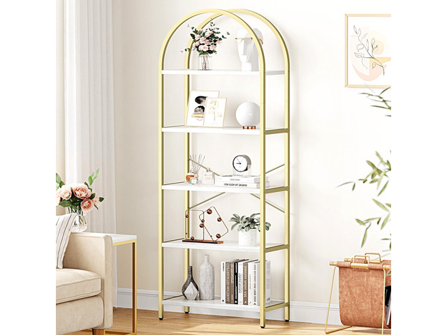 Bookshelf 5 Tier Bookcase Arched Display Racks Tall Standing Bookshelves Metal Frame Modern Storage Rack Shelf Large Wood Book Shelf for Bedroom,...