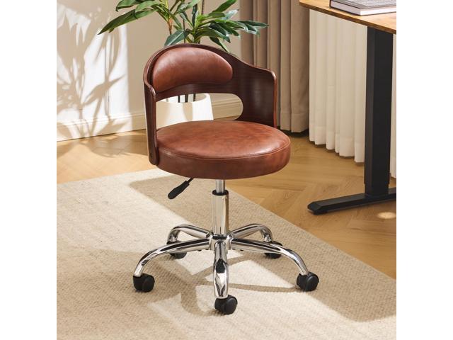 Armless Home Office Desk Chair, Adjustable Swivel Chair,Dual-Use with/no Wheels,Small Retro Designed Walnut Curved Task Chair,Cushioned Nail Tech.