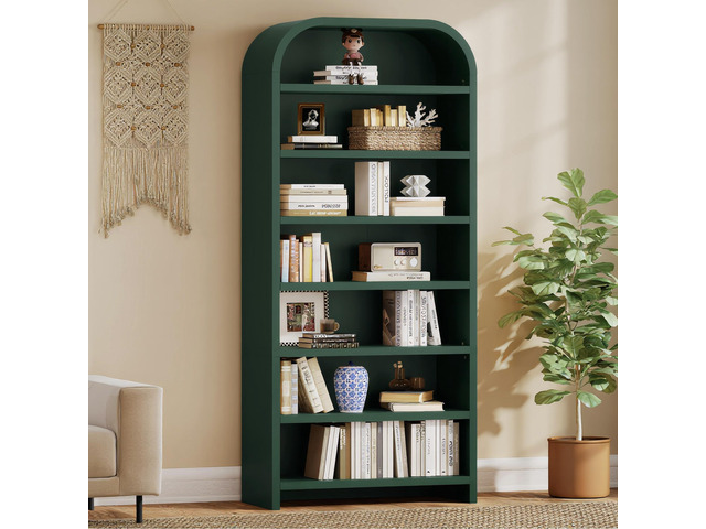 70' Tall Arched Bookcase, 7-Tier Freestanding Storage Cabinet with Adjustable Shelves, Thick MDF Bookshelf for Bathroom Living Room Bedroom (Green)