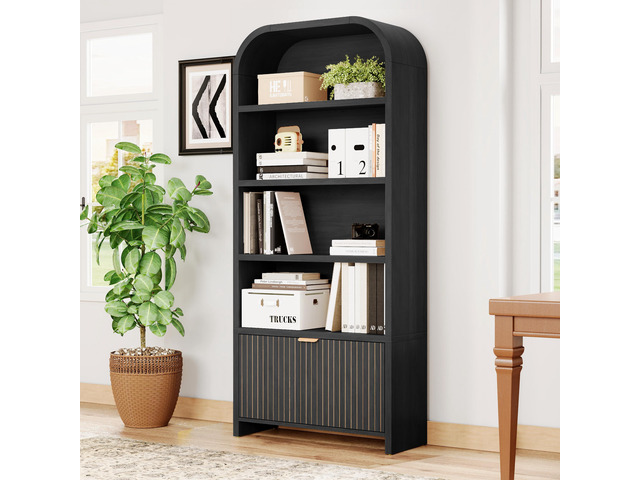 Arched Bookcase with Drawer, 70' Tall 5-Tier Bookshelf with Fluted Carved Drawer, Freestanding Display Storage Cabinet for Living Room Bedroom Home...
