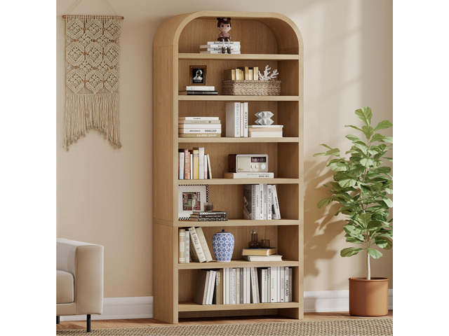 70' Tall Arched Bookcase, 7-Tier Freestanding Storage Cabinet with Adjustable Shelves, Thick MDF Bookshelf for Bathroom Living Room Bedroom (Natural)