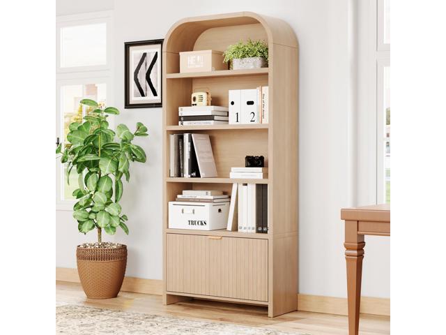 Arched Bookcase with Drawer, 70' Tall 5-Tier Bookshelf with Fluted Carved Drawer, Freestanding Display Storage Cabinet for Living Room Bedroom Home.