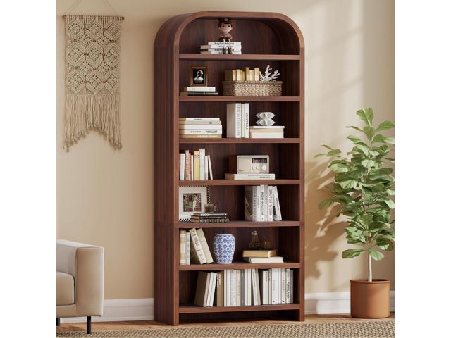 70' Tall Arched Bookcase, 7-Tier Freestanding Storage Cabinet with Adjustable Shelves, Thick MDF Bookshelf for Bathroom Living Room Bedroom (Walnut)