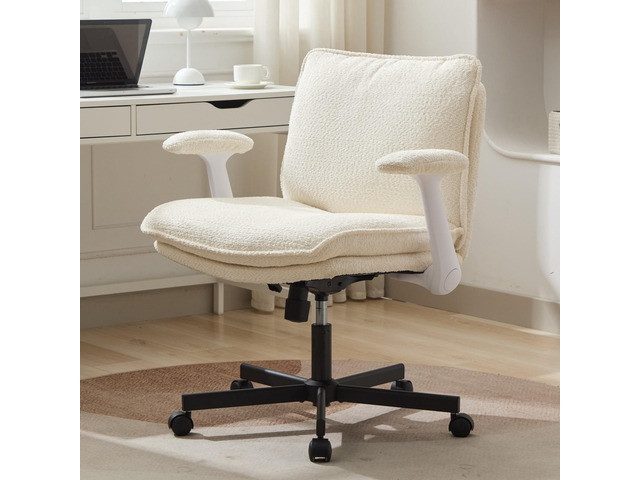 Criss Cross Legged Office Chair with Wheels and Flip-Up Arms, Upholstered Criss Cross Desk Chair, Wide Seat Chairs for Home Office, Vanity,...