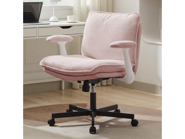 Criss Cross Legged Office Chair with Wheels and Flip-Up Arms, Upholstered Criss Cross Desk Chair, Wide Seat Chairs for Home Office, Vanity,...