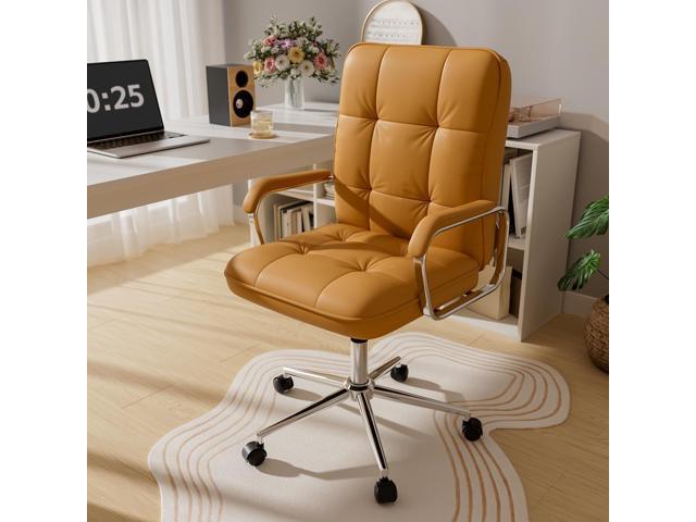 Brown Office Chair, Mid Back Leather Desk Chair with Wheels and Padded Arms, Swivel Vanity Chair for Bedroom, Computer Chair for Study and Work