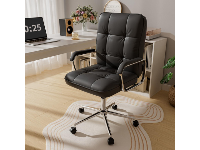 Black Office Chair, Mid Back Leather Desk Chair with Wheels and Padded Arms, Swivel Vanity Chair for Bedroom, Computer Chair for Study and Work