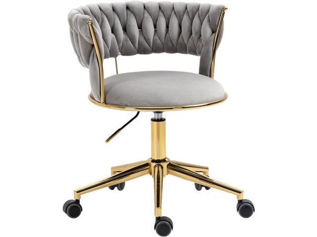 Velvet Office Desk Chair with Hand Woven Backrest, 360° Swivel & Height Adjustable Task Chairs, Makeup Chair, Living Room Chairs with Stainless.