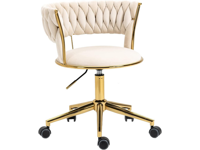 Velvet Office Desk Chair with Hand Woven Backrest, 360Â° Swivel & Height Adjustable Task Chairs, Makeup Chair, Living Room Chairs with Stainless...