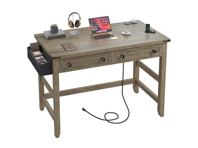 40' Small Desk with Power Outlets, Computer Desk with 2 Drawers for Bedroom and Home Office, Writing Desk with a Side Pocket, Vanity Desks for.