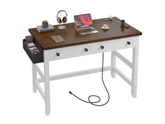 40' Computer Desk with Drawers, Small Desk with Power Outlets for Bedroom and Home Office, Writing Desk with Drawers and a Side Pocket, Vanity.