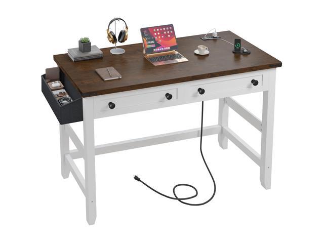 Computer Small Desk with Power Outlets, White Desk with 2 Drawers, Small Study Writing Table with Stable Frame for Home Office, Modern Simple.