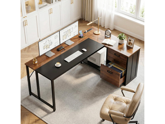 61' L Shaped Office Desk with Wood Drawers & Lockable File Cabinet, Reversible 21.7' D Corner Computer Desk with Built-in Power Outlets, Executive...