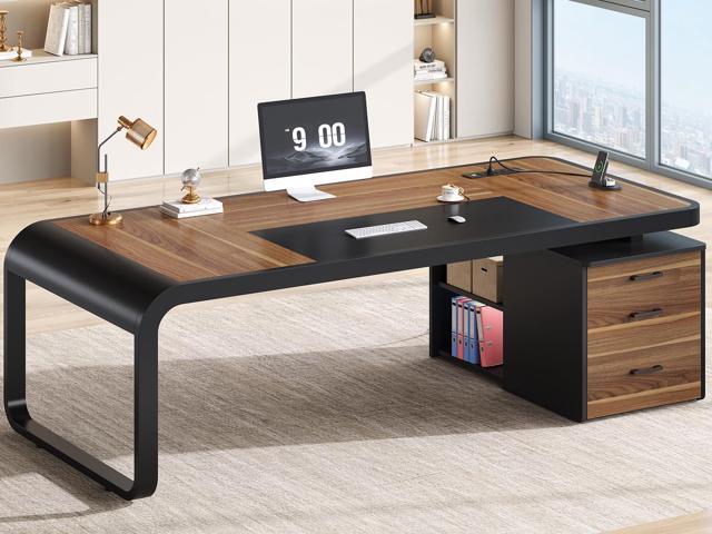 70.9' Executive Desk, Large Computer Desk with Drawers and Lateral File Cabinet, Office Desk with Removable Shelves, Business Furniture Desk.