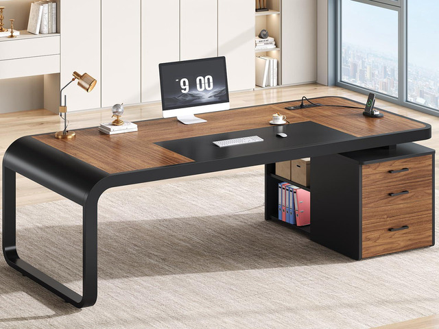 70.9' Executive Desk, Large Computer Desk with Drawers and Lateral File Cabinet, Office Desk with Removable Shelves, Business Furniture Desk...