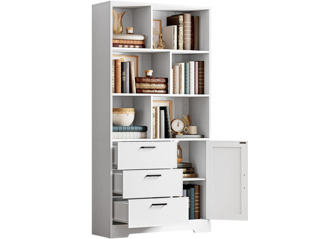 Bookshelf, 70.9 Inch Tall Bookcase, White Book Shelf with Doors and 3 Drawers, 3-Tier Bookshelves with 6 Open Cubes for Home Office, Living Room,...