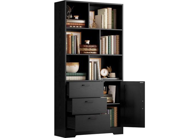 Bookshelf, 70.9 Inch Tall Bookcase, Black Book Shelf with Doors and 3 Drawers, 3-Tier Bookshelves with 6 Open Cubes for Home Office, Living Room,.